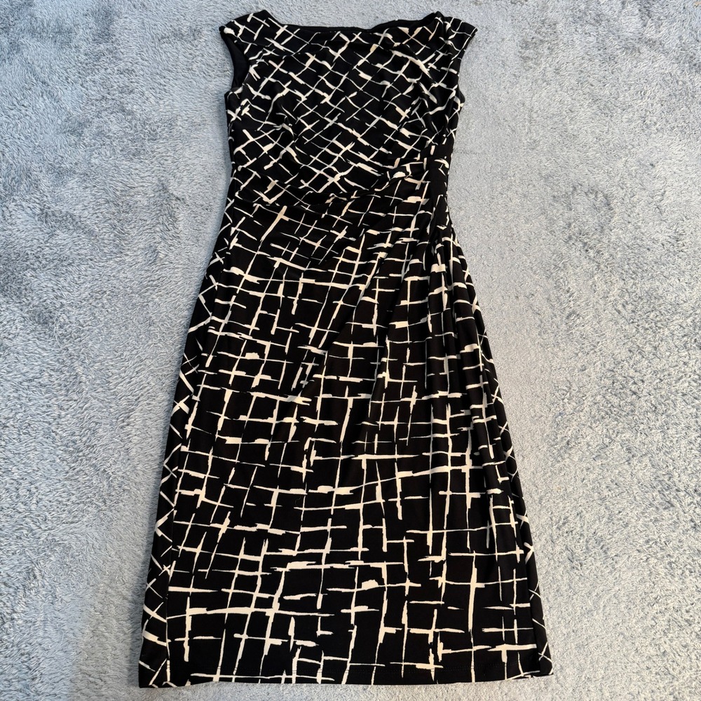 Lauren Ralph Lauren Women Ruched Sheath Dress 4 Black White Abstract Grid Jersey